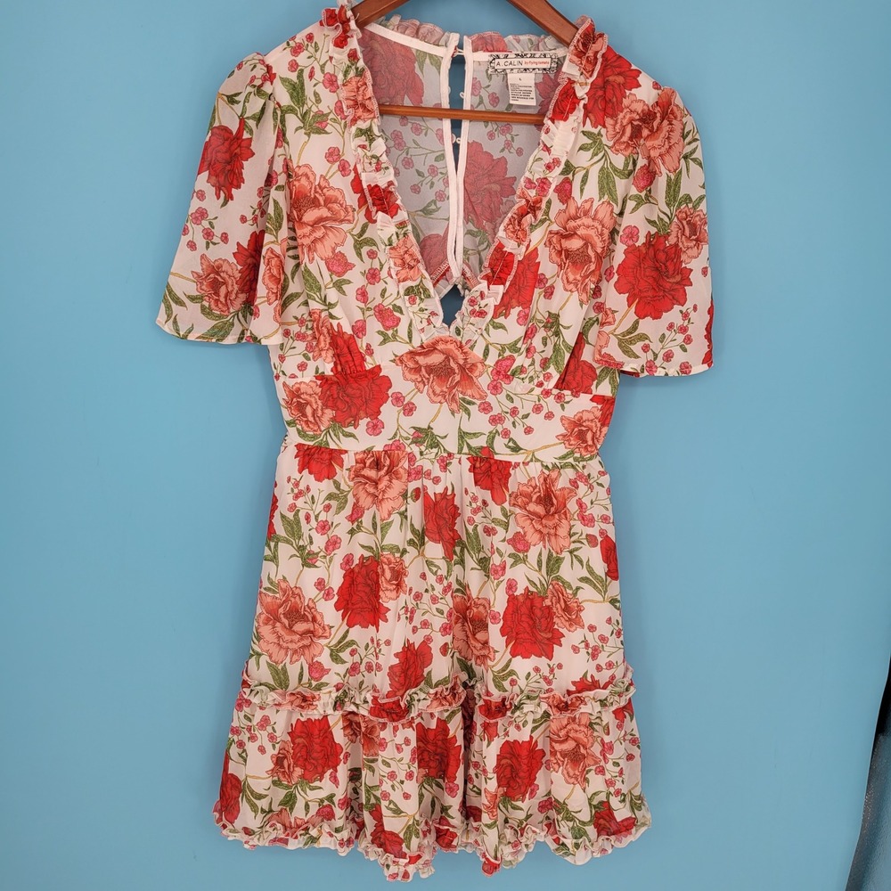 A. Calin by Flying Tomato Floral Ruffle Mini Dress Womens Large Boho V-Neck